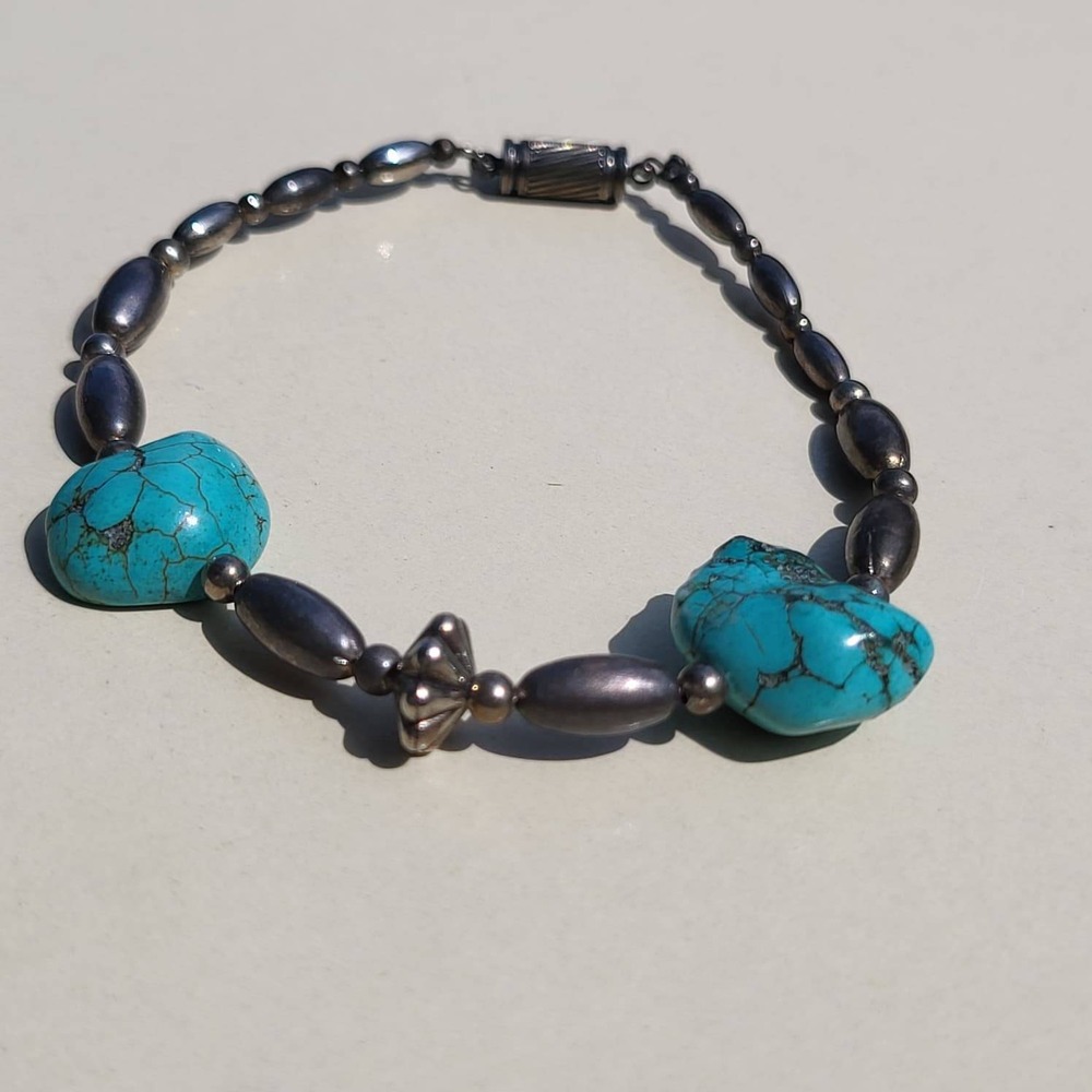 Vintage Turquoise Sterling Silver Melon Bead Bracelet Blue Southwestern - Picture 9 of 10